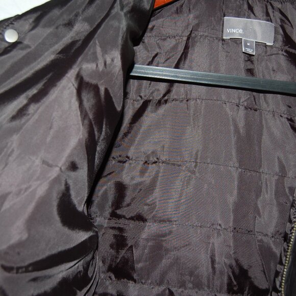 VINCE 🔥 Men's M Black Leather Hooded Puffer Down Jacket Hoodie Light Jacket - Picture 11 of 12